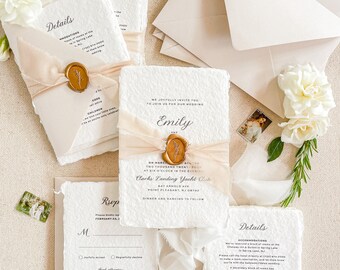 Amiri Handmade Wedding Invitation, Silk Ribbons Invitations, Handmade paper Invitations, Cotton Paper, Modern Calligraphy, DEPOSIT