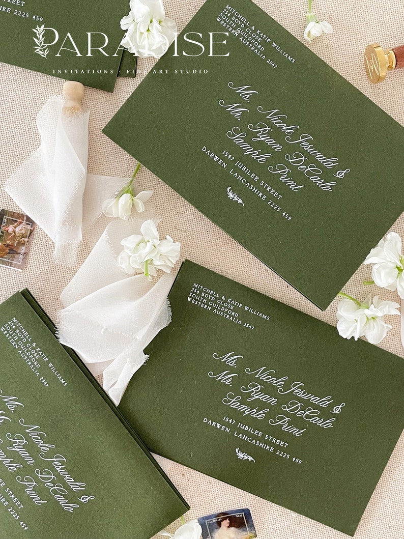 Real Gold Foil Printing on Forest Green Envelopes, Wedding Stationery, Invitation Stationery, PLEASE CONTACT us before purchasing image 2