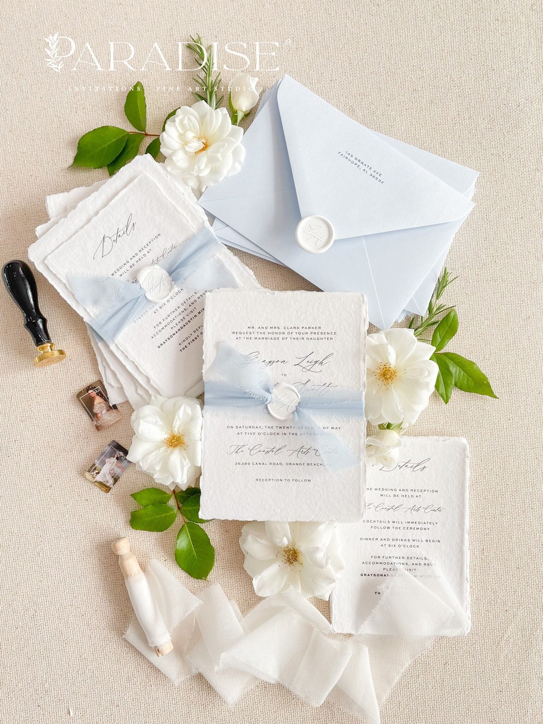Allyson Handmade Paper Invitation Sets, Printed or Printable Invitations, Deckled Edge Paper ...
