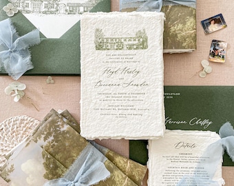 Handmade Paper Wedding Invitation | Custom Venue Illustration | Vellum Jacket | Luxury Wedding Suite | Honey