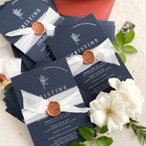 Ruby Navy Wedding Invitation Sets, White Ink Printing Invitations, Silk Belly Bands, Envelopes, Wax Seals, Printed Invitations image 5