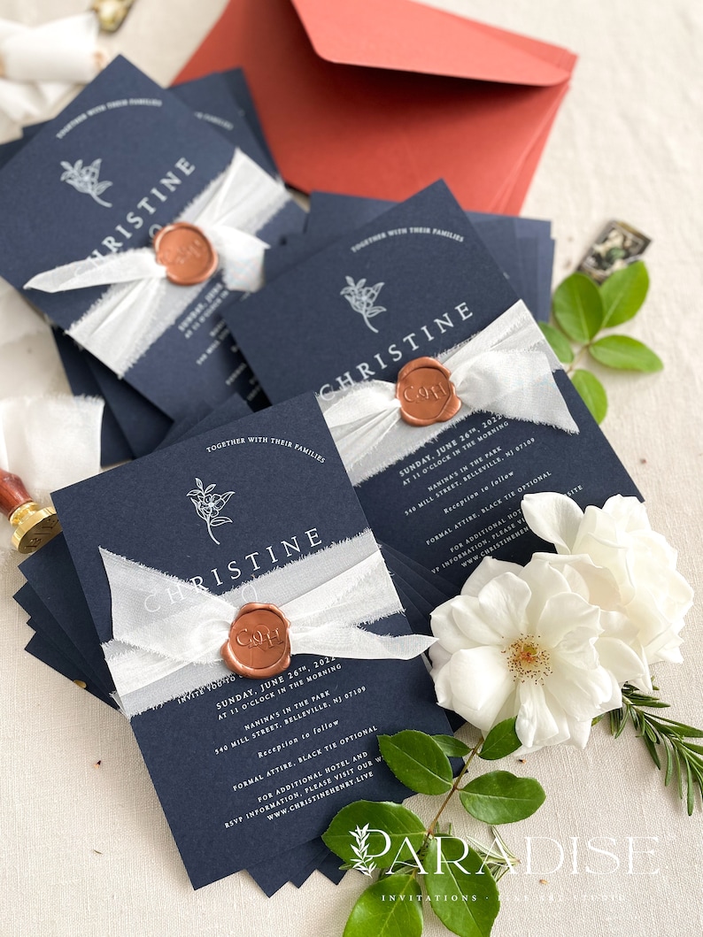 Ruby Navy Wedding Invitation Sets, White Ink Printing Invitations, Silk Belly Bands, Envelopes, Wax Seals, Printed Invitations image 5