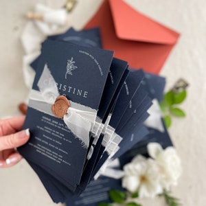 Ruby Navy Wedding Invitation Sets, White Ink Printing Invitations, Silk Belly Bands, Envelopes, Wax Seals, Printed Invitations image 4