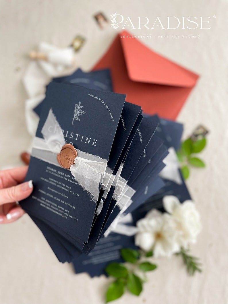 Ruby Navy Wedding Invitation Sets, White Ink Printing Invitations, Silk Belly Bands, Envelopes, Wax Seals, Printed Invitations image 4