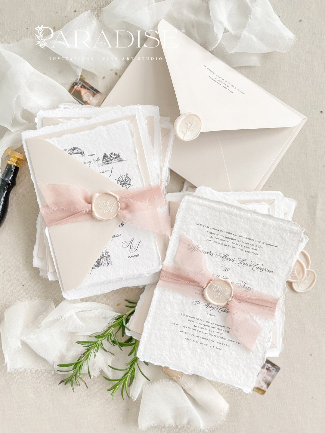 Armandine Handmade Paper Wedding Invitation Set, Deckled Edge