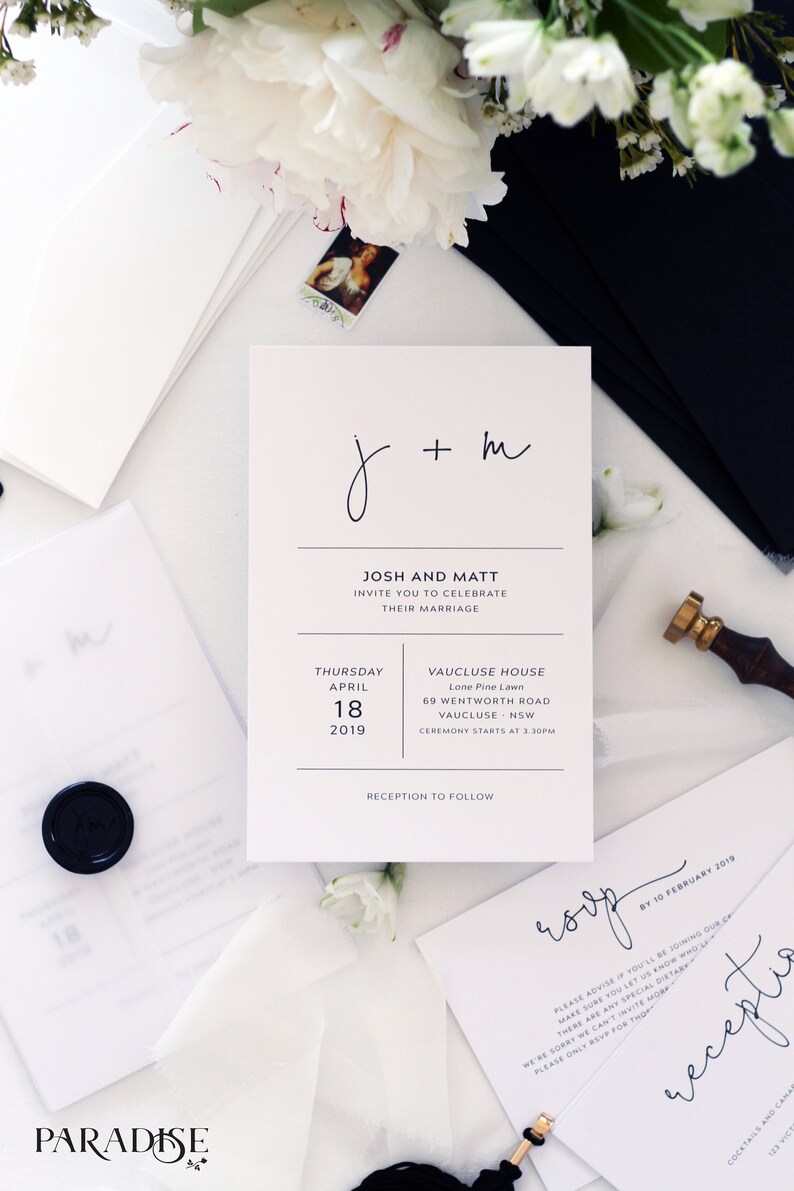 Wedding Invitation Black and white Black Envelopes Vellum Wedding Invitations Amaury Modern Wedding Invitation Sets Wax Seals