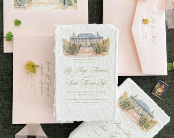 Watercolor Conservatory Save the Date Card | Handmade Paper | Deckle Edge Stationery | Blush Envelope Suite | Colette
