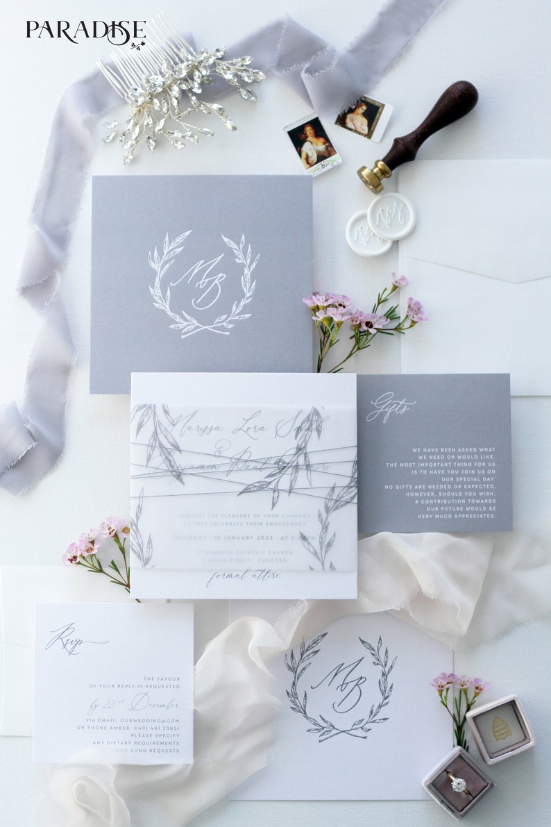 Modern Calligraphy Invitations Bertille Square Wedding Invitation Sets Wedding Stationery Silver and white Custom Invites