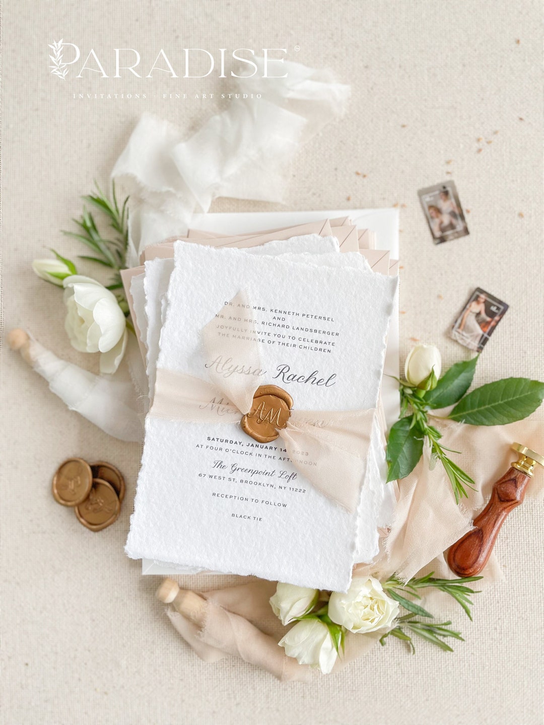 Adriane Handmade Paper Wedding Invitation Set, Deckled Edge Invitations ...
