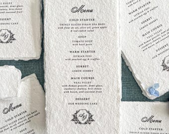 Elegant Wedding Dinner Menus | Handmade Deckle Edge Paper |  Floral Monogram | Formal Reception | Zora