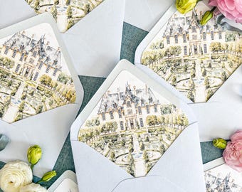 Pale Blue Wedding Envelopes | French Chateau Watercolor Liners | Custom Address Printing | Elegant Garden Stationery