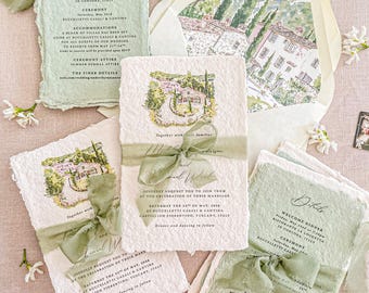 Watercolor Venue Wedding Invitation | Handmade Deckle Edge Paper | Tuscany Destination Wedding | Silk Ribbon | Seren