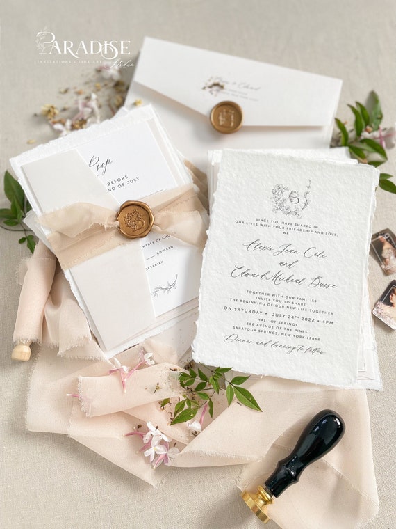 Minimalist Deckled Edge Wedding Invitation with Wax Seal