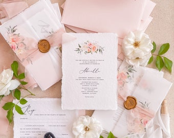 Alyson Handmade Wedding Invitation Sets, Deckled Edge Paper Invitations, Cotton Paper Invitations, Silk Ribbons, Wax Seals, DEPOSIT