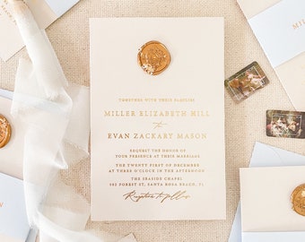 Avery Real Gold Foil Wedding Invitation Sets, Golden Foil Invitations, Belly Bands, Premium paper invitations, DEPOSIT