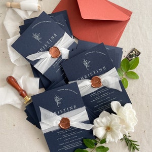 Ruby Navy Wedding Invitation Sets, White Ink Printing Invitations, Silk Belly Bands, Envelopes, Wax Seals, Printed Invitations image 3