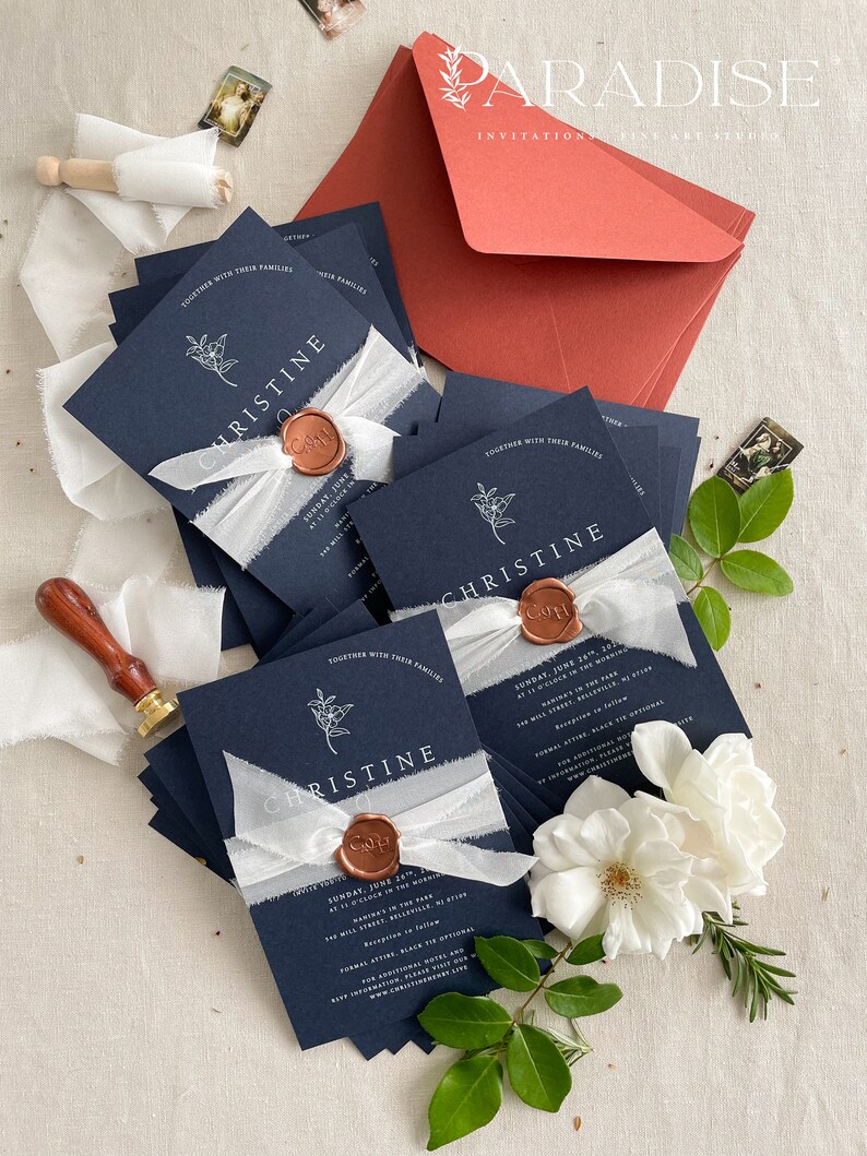 Ruby Navy Wedding Invitation Sets, White Ink Printing Invitations, Silk Belly Bands, Envelopes, Wax Seals, Printed Invitations image 3