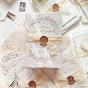 Fia Handmade Paper Wedding Invitations, Silk Ribbon Invitations, Deckled Edge Paper Cards, Handmade Paper Invitations, DEPOSIT