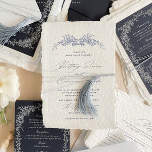 Bianca Tassels Handmade Paper Wedding Invitation Suite, Deckled Edge Paper, Handmade paper, Cotton Wedding Invitations, DEPOSIT