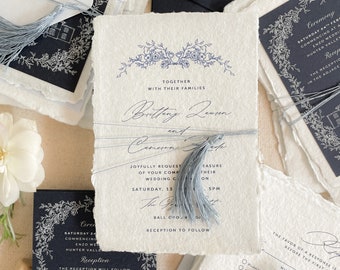 Bianca Tassels Handmade Paper Wedding Invitation Suite, Deckled Edge Paper, Handmade paper, Cotton Wedding Invitations, DEPOSIT