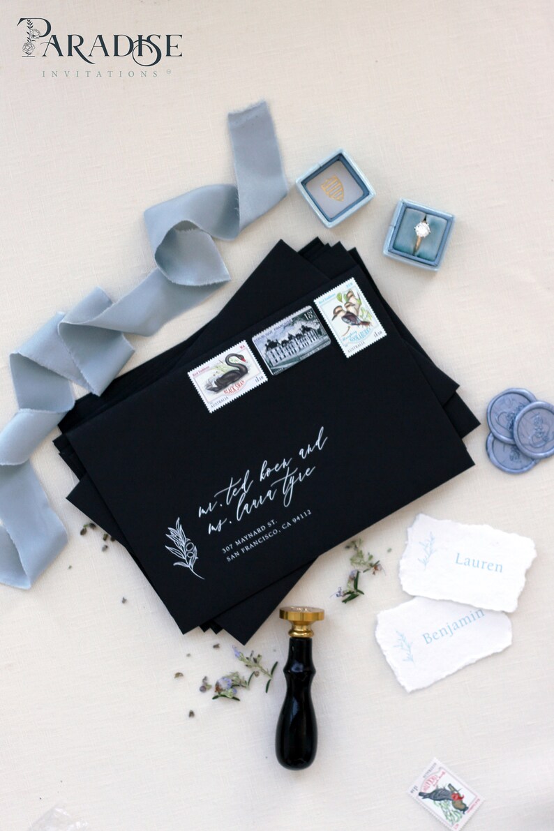 5x7 High Quality Envelopes Front only Olive Branch Black Envelopes White Ink Address Printing pack of x50 size 130x190