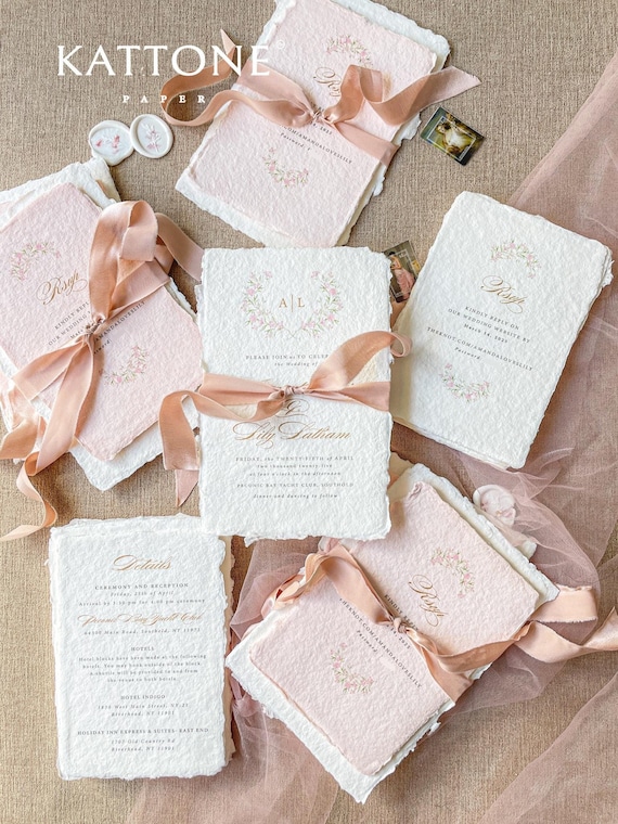 Handmade Paper Wedding Invitations | Romantic Invites | Delicate Paper | Custom Watercolor Monogram | Silk Ribbons | Contact us for a quote