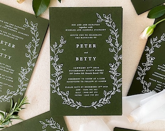 Ella Forest Green Wedding Invitation Sets, Coloured Paper Wedding Invitations, Floral Invitations, Modern Wedding Invitations