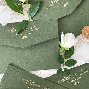 Real Gold Foil Printing on Forest Green Envelopes, Wedding Stationery, Invitation Stationery, PLEASE CONTACT us before purchasing image 8