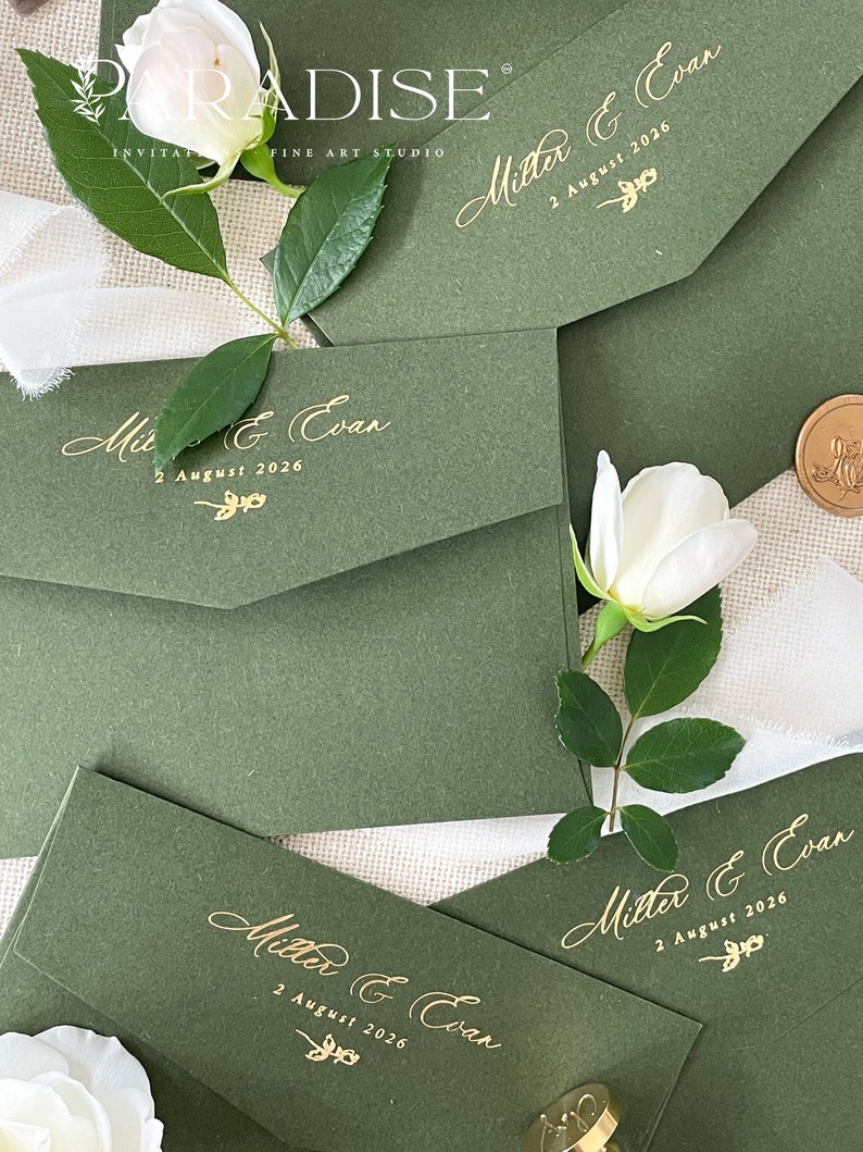 Real Gold Foil Printing on Forest Green Envelopes, Wedding Stationery, Invitation Stationery, PLEASE CONTACT us before purchasing image 8