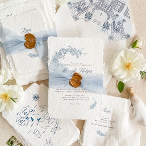 Arleth Handmade Wedding Invitations, Deckled Edge Wedding Invitations, Cotton Paper Invitations, Silk Ribbon, DEPOSIT