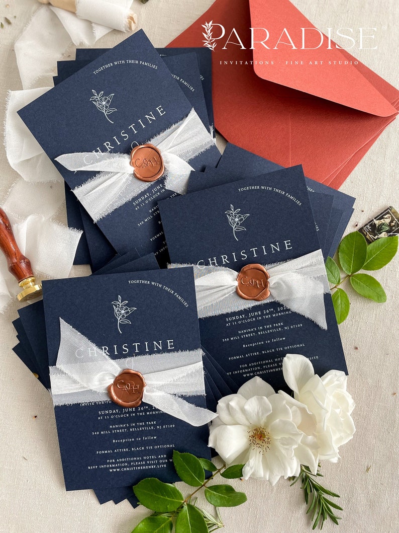 Ruby Navy Wedding Invitation Sets, White Ink Printing Invitations, Silk Belly Bands, Envelopes, Wax Seals, Printed Invitations image 1