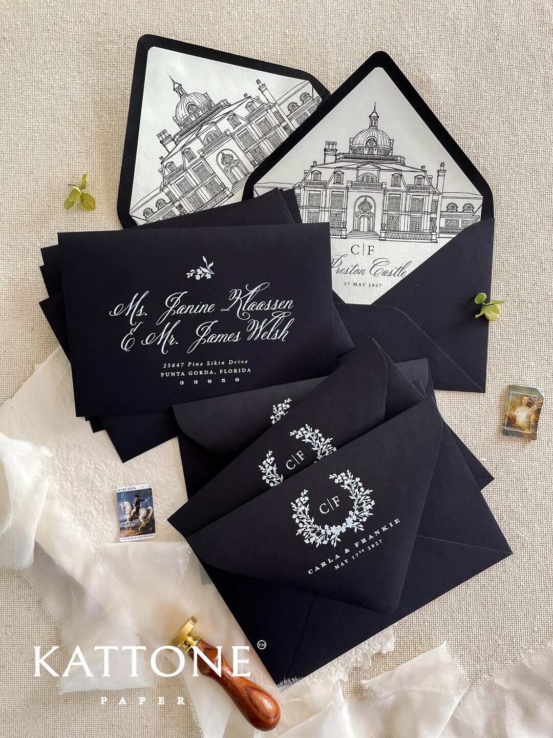 Black Envelopes and White Ink Printing, Custom Venue Illustration ...