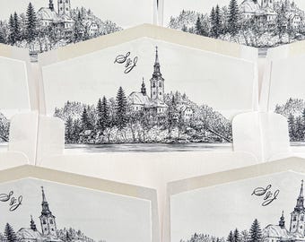 Ivory Wedding Envelopes | Illustrated Lakefront Church Liners | Monogram Design | Custom Address Printing | Elegant Stationery
