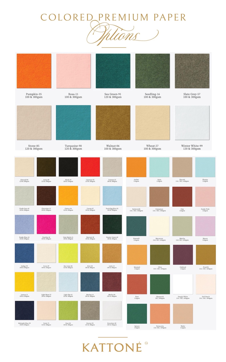 May include: A colour chart of premium paper options from Katton&eacute;, featuring a variety of colours including Pumpkin, Sea Green, and Winter White. Each colour is displayed in a square with the name and weight of the paper. The text "COLORED PREMIUM PAPER Options" is at the top.