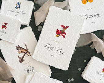 Cotton Paper Table Numbers | Handmade Deckle Edge Cards | Illustrated Animal Seating Decor Set | Oksana