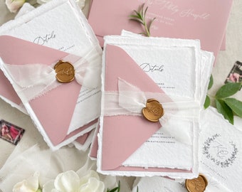 Camille Handmade Wedding Invitation Sets, Deckled Edge Paper Invitations, Cotton Paper Invitations, Monogram, Wax Seals, DEPOSIT