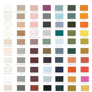 May include: A colour chart of premium paper envelope options. The chart displays a variety of envelope colours, including Winter White, Almond, Nude, Ivory, Buttermilk, Soft Peach, Wheat, Pearl White, and Off-White. The text "PREMIUM PAPER ENVELOPE Options" is at the top.