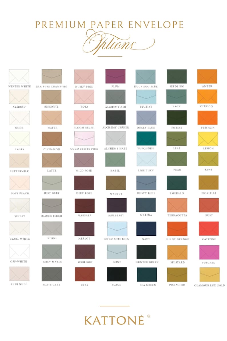 May include: A colour chart of premium paper envelope options. The chart displays a variety of envelope colours, including Winter White, Almond, Nude, Ivory, Buttermilk, Soft Peach, Wheat, Pearl White, and Off-White. The text "PREMIUM PAPER ENVELOPE Options" is at the top.