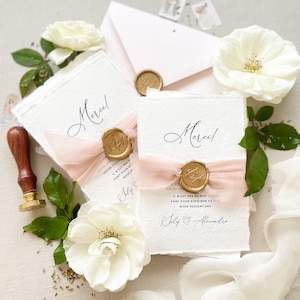 Lysander Handmade Paper Thank You Cards, Deckled Edge Paper Thank You Cards, Address Printing on Envelopes, Golden Wax Seals