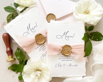 Cartes de remerciement en papier fait main Lysander, Cartes de remerciement en papier à bords tavelés, Impression d'adresses sur des enveloppes, Cachets de cire dorés