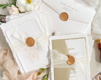 Eglantine Handmade Paper Wedding Invitation Set, Deckled Edge Invitations, Cotton Paper, Printed or Printable Wedding Invitations, DEPOSIT