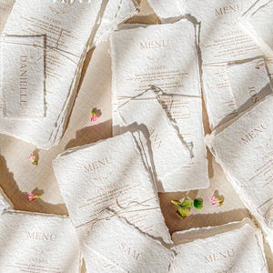 Vivienne Handmade Paper Menus, All occasion menus, Calligraphy Menus, Deckled edge paper Menus, Cotton Paper Menus - Deposit