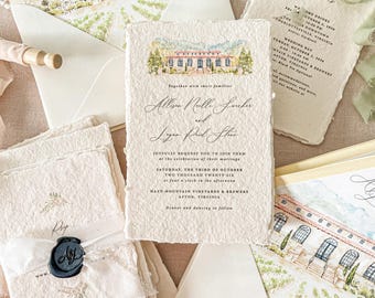 Handmade Paper Wedding Invitation | Custom Venue Illustration | Envelope Liner | Wax Seal | Beatrice