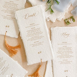 Emely Tassels Menus de mariage en papier fait main, menus de mariage en papier bordeaux, papeterie de jour de mariage, papier de coton, table de mariage, caution