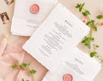 Eugenie Handmade Menu, Printed Wedding Menus or Menu Template, Handmade Paper Menus, Deckled Edge Paper Menus, Cotton Paper, DEPOSIT