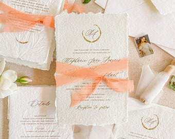 Sara Colored Handmade Paper Wedding Invitation Suite, Deckled Edge Paper, Handmade paper, Cotton Wedding Invitations, DEPOSIT