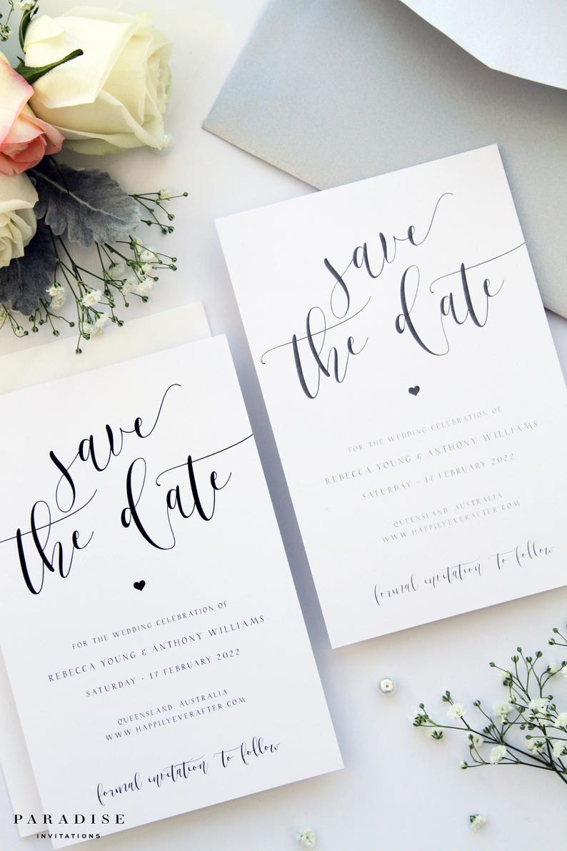 Save the Date Template or Printed Save the Date Cards Grey Metallics Rebecca Silver and Black Heart Save the Date Cards Wedding Stationery