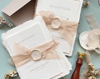 Marietta Handmade Paper Wedding Invitation Set, Custom monogram, Birch Envelopes, Mink Silk Ribbons Golden Wax Seals DEPOSIT