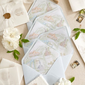 Light Sky Envelopes and Custom Watercolor Map Liners, High Quality Envelopes, pack of x50, PLEASE CONTACT us before purchasing