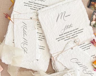 Handmade Wedding Dinner Menus | White Deckle Edge Paper | Pastel Place Cards | Rustic Twine | Nadia
